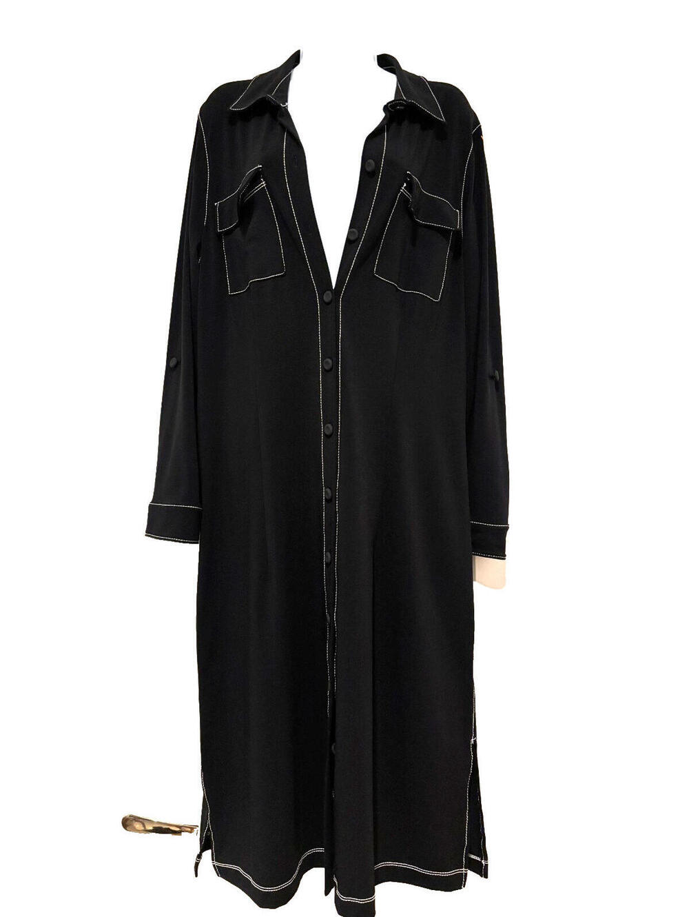 Chico's sz 2 minimalist sheik long sleeve black button down stretch maxi dressDD